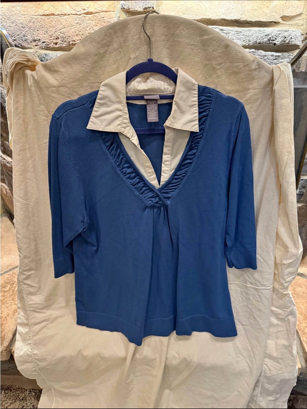 Laura Scott Blue V-Neck Layered Top with Cream Collar